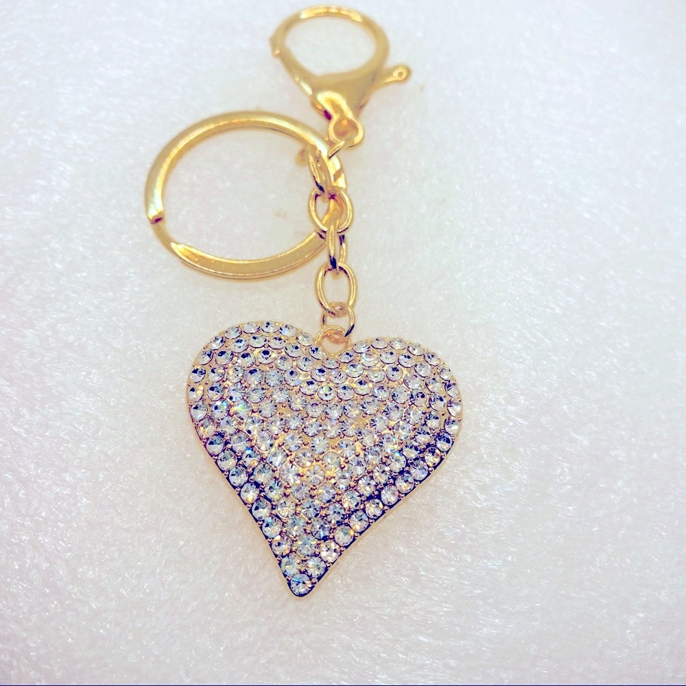 Purse Charm Keychain Crystal Iridescent Heart set in Golden tone - Picture 1 of 6
